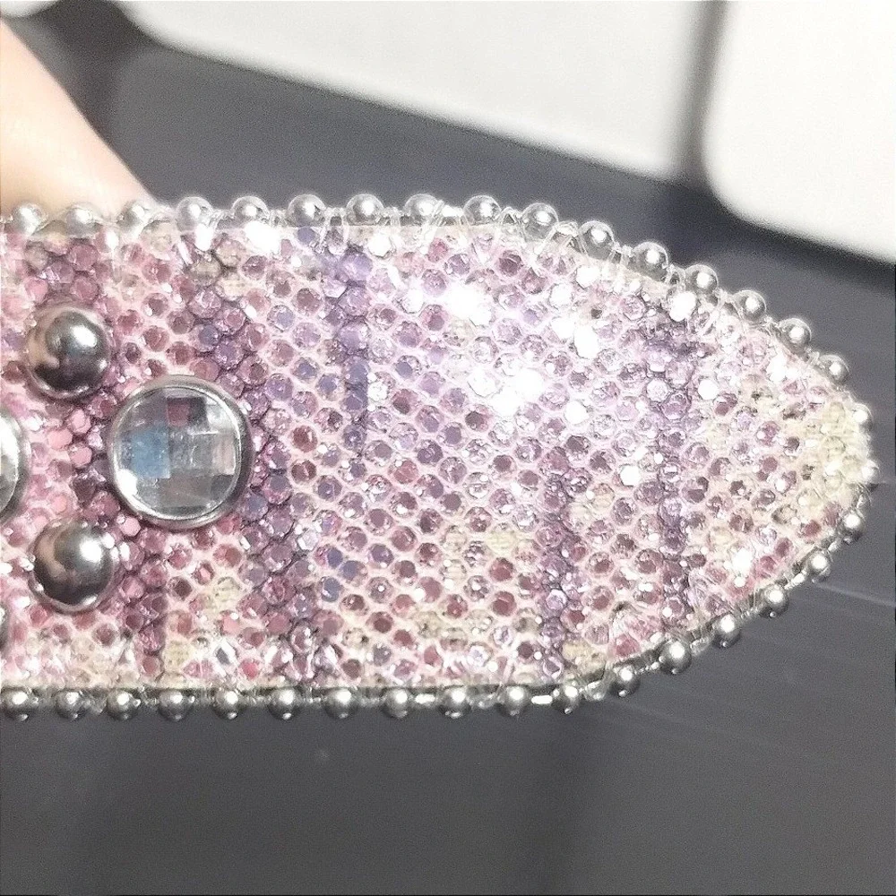 Pink Rhinestone Western Belt Horseshoe Studded Snakeskin Print Silver Buckle
